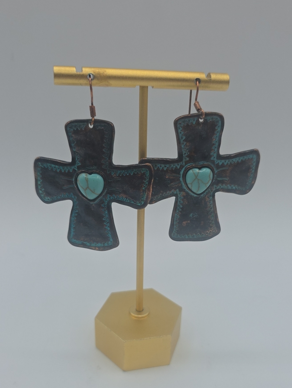 Faux Turquoise Heart Cross Drop Earrings - Copper Patina
